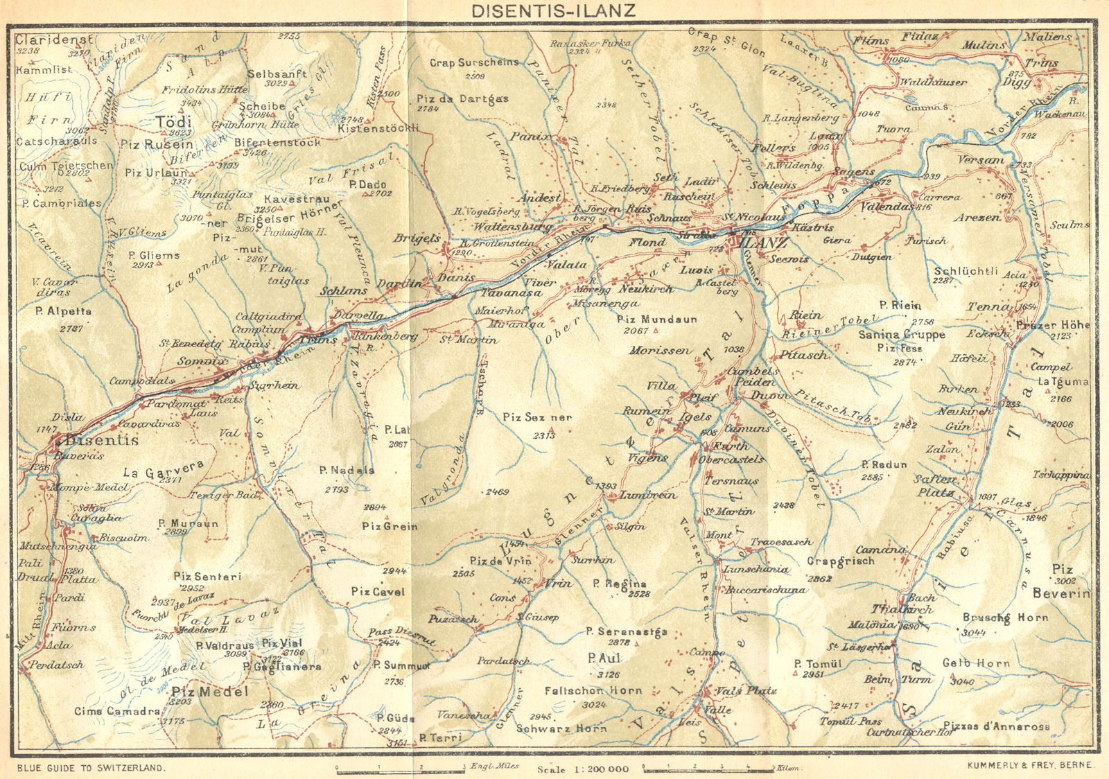 SWITZERLAND. Disentis-Ilanz 1930 old vintage map plan chart